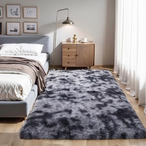 KICHOWUA 4x6 Thick Dark Grey Fluffy Shag Plush Washable Rug by KICHOWUA