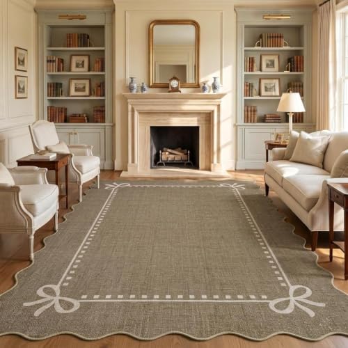 Garvee Scalloped Bow Rug for Living Room Washable Solid Brown 5x7 Area Rugs by Garvee