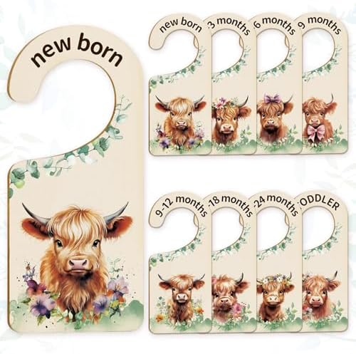 Whaline 8 Pcs Baby Closet Size Dividers Watercolor Highland Cow Hanging Wood by Whaline