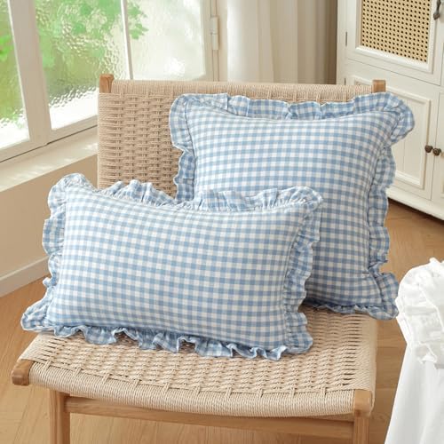 Set of 2 Light Blue and White Ruffle Throw Pillow Covers 18x18 Inch, Gingham - Image 3