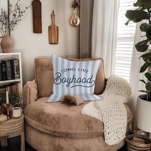 Boys Room Decor Pillow Covers 18x18, Long Live Boyhood Blue Striped Decorative - Image 6