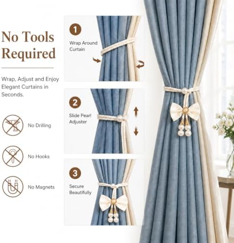 Adjustable Curtain Tiebacks 4 Pack, No Drill Cute Bow Rope Holdbacks - Image 4