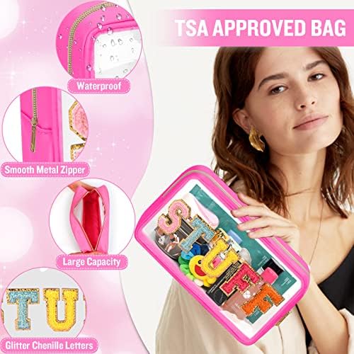 Chenille Letter Clear Makeup Bags Stuff Pouch, Preppy Patch Makeup Bag - Image 3