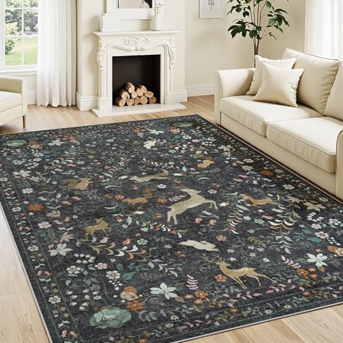5x7 Area Rugs Boho Floral Washable Living Room Rug Neutral Carpet Nursery - Image 2