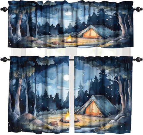 Forest Valance Curtain for Kitchen, Watercolor Mountain Forest Nature Tree by LOMADIA