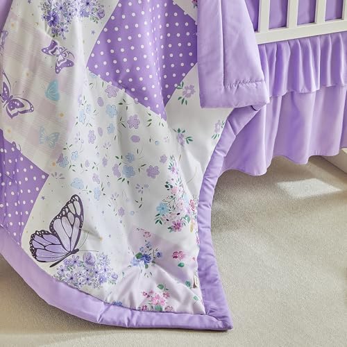 Patchwork Crib Bedding Set Butterfly Plaid Floral Design 3 Pieces Baby Girl - Image 6