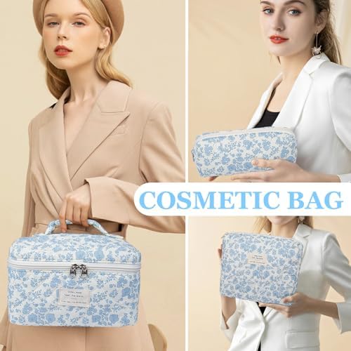 Gosect Quilted Makeup Bag Set, Cute Cotton Makeup Bags, Flower Travel Toiletry - Image 5