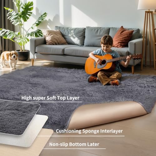 3x5 Thick Grey Fluffy Shag Rug for Bedroom, Plush Washable Carpet - Image 4