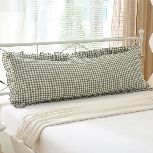 Sage Green White Gingham Ruffle Body Pillow Cover 20"x54" by KMASANIJI