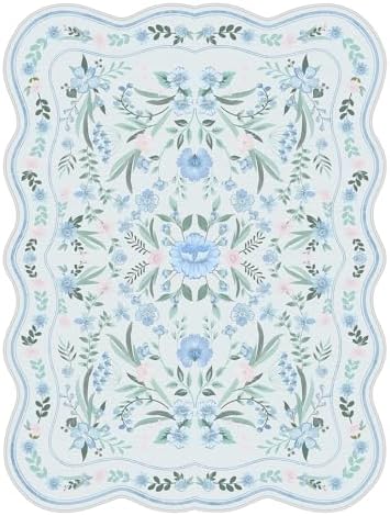 Scalloped Blue Floral Rug 6x9, Washable Soft Faux Wool Area Rug - Image 6