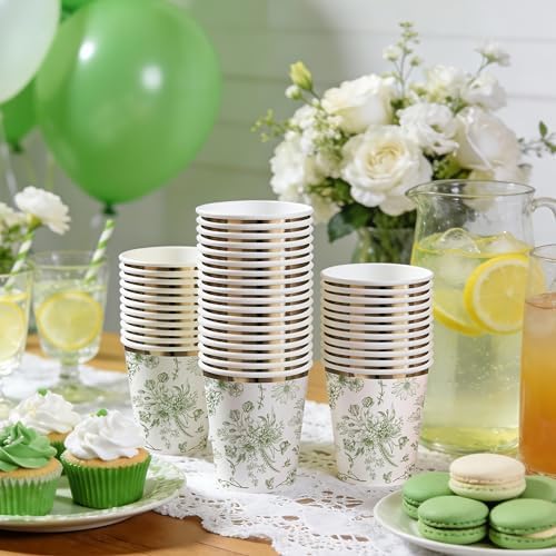 WRAPAHOLIC 50 Pcs Floral Paper Cups - 9 oz Green Toile Flower Disposable Cup - Image 3