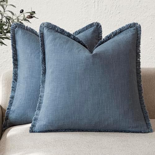 Foindtower Decorative Linen Fringe Throw Pillow Covers 20×20 Inch, Dark Blue by Foindtower