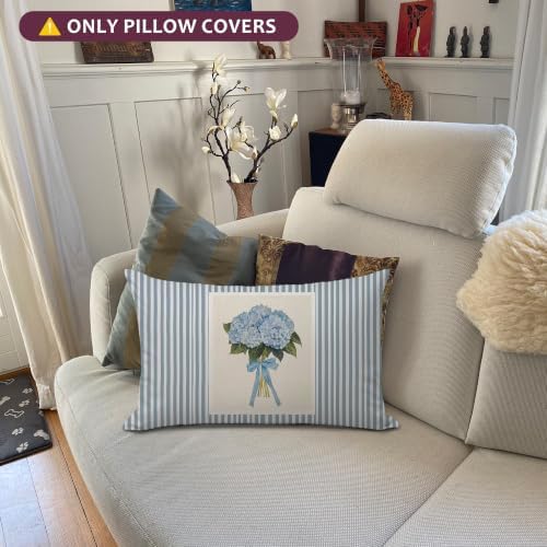 Blue Hydrangea Floral 12x20 Pillow Cover, Preppy Girly Hydrangea Flower Striped - Image 3