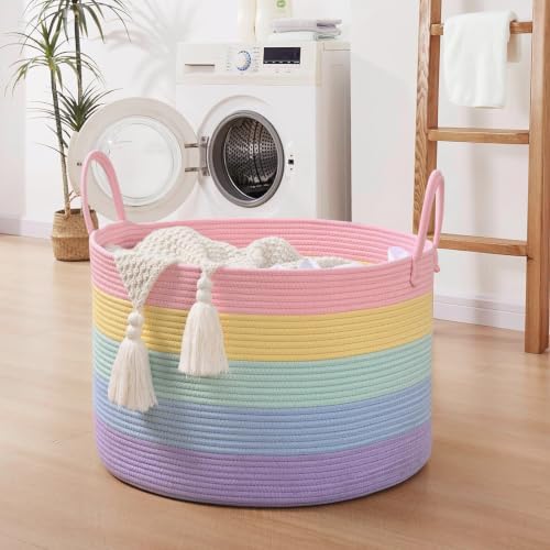 67L Large Rainbow Blanket Basket, Cotton Rope Baby Laundry Hamper - Image 3