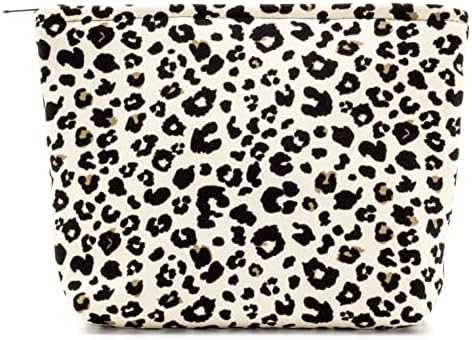 Flat Makeup Bag for Women, Zipper Cosmetic Pouch for Purse, Leopard Ivory by PAZIMIIK