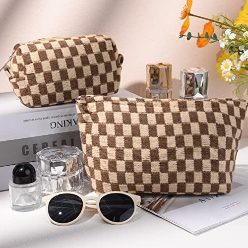 SOIDRAM 2 Pieces Makeup Bag Large Checkered Cosmetic Bag Capacity Canvas Mix - Image 2
