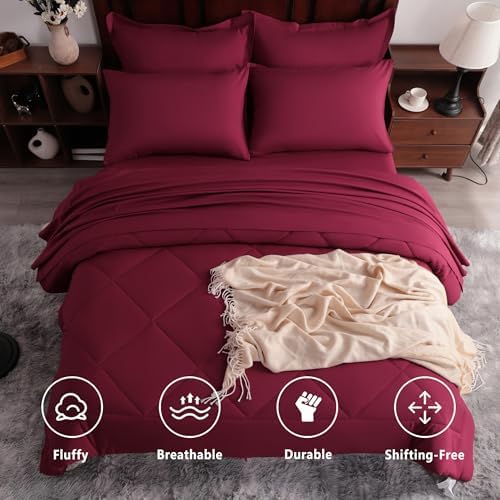 NTBAY Queen Microfiber Bed in a Bag, Comforter Set 7 Piece, Wine Red - Image 2