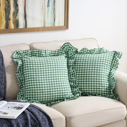 2 Pack Green White Gingham Ruffle Throw Pillow Covers 18''x18'' - Image 4