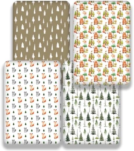 4 Pack Woodland Forest Animals Wood Neutral Unisex Fitted Baby Crib Sheets Set - Image 3