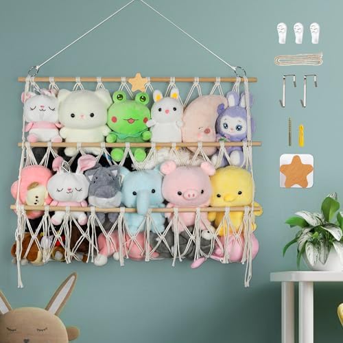 Starry Stuffed Animal Net Hammock Wall Hanging Handmade Boho Macrame Toy by Unknown