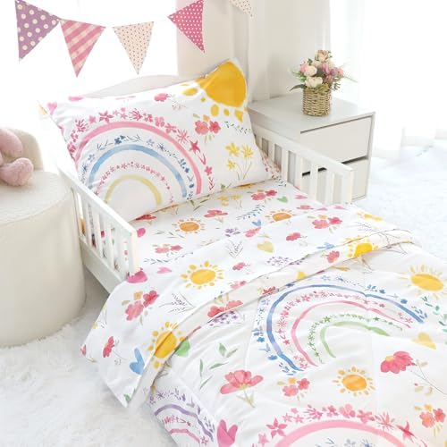 Pea Pod Toddler Bedding Set for Girls, 4 Piece Soft & Breathable Rainbow & Sun - Image 3