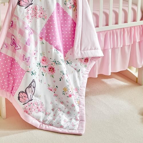 Patchwork Crib Bedding Set Butterfly Plaid Floral Design 3 Pieces Baby Girl - Image 5