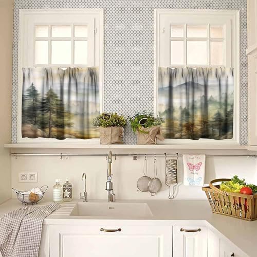 Forest Valance Curtain for Kitchen, Watercolor Mountain Forest Nature Tree - Image 2