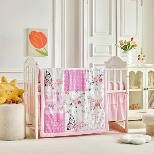Patchwork Crib Bedding Set Butterfly Plaid Floral Design 3 Pieces Baby Girl - Image 4