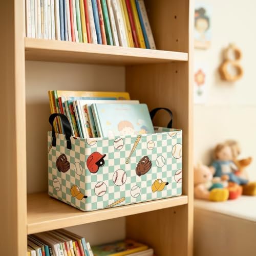 Rectangular Collapsible Storage Basket Toy Organizer Green Grid Baseball - Image 5