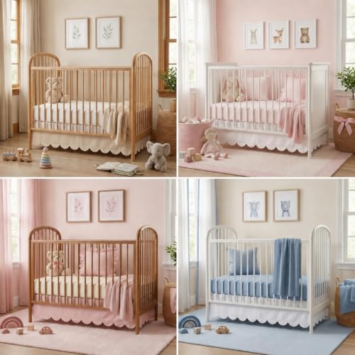 28 x 52 Inch Pink Crib Skirt 14 Inch Drop, Scalloped Crib Bed Skirt - Image 5