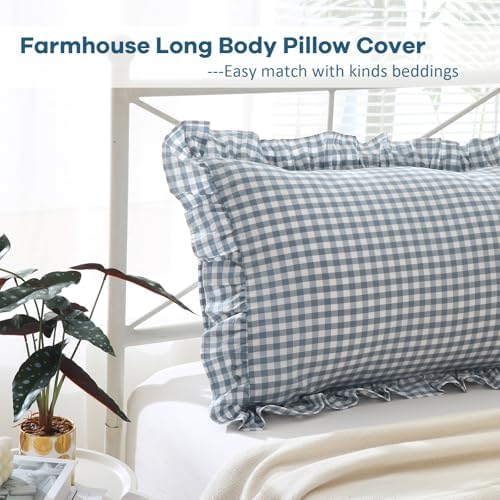 Dust Blue White Gingham Ruffle Body Pillow Cover 20"x54" - Image 3