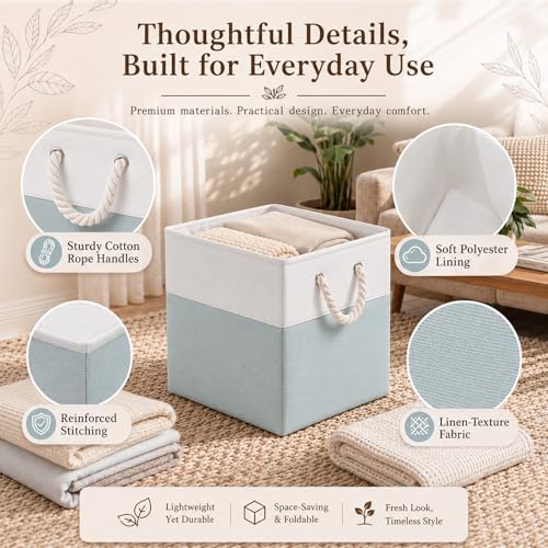 6 Pcs 11 x 11 Inch Light Green Cube Storage Bins Fabric Square Cube Baskets - Image 3