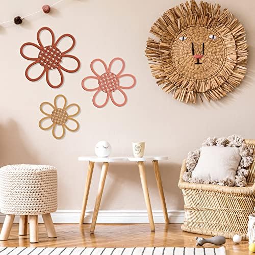 Maitys Boho Wall Decor Set of 3, Wood & Rattan Daisy Flower Wall Hanging Art - Image 5