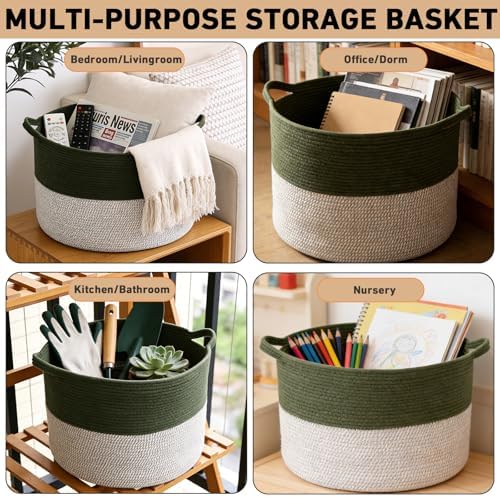 90L Extra Large Blanket Basket, Woven Laundry Basket-Green&White - Image 6