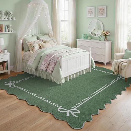Garvee Scalloped Bow Rug for Living Room Washable Solid Green 6x9 Area Rugs - Image 3