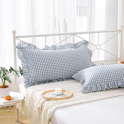2 Pack Dust Blue Gingham Ruffle Pillow Shams King Size 20"x36" by KMASANIJI