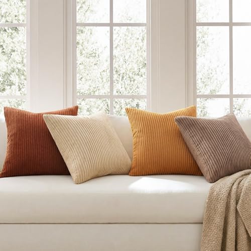 Topfinel Yellow Brown Throw Pillow Covers Rustic Modern Soft Corduroy Striped - Image 3