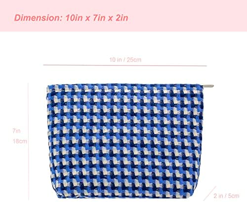 Flat Makeup Bag for Women, Zipper Cosmetic Pouch for Purse, Grid Lake Blue - Image 2
