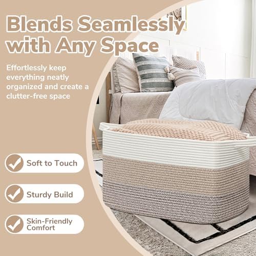 Goodpick Large Woven Rope Blanket Basket, Light Brown - Image 5