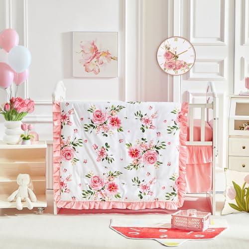 3 Pieces Flowers Crib Bedding Set Baby Ruffled Quilted Comforter by Uozzi+Bedding