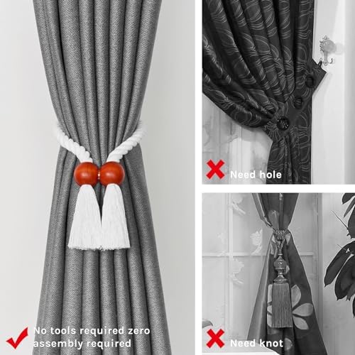 NICEEC 2 Pack Wooden Ball Magnetic Curtain Tiebacks Boho Home Decor Drape Tie - Image 2