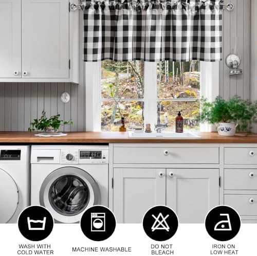 Hiasan Black and White Buffalo Plaid Curtains Valances, 52W x 18L, 2 Panel - Image 5