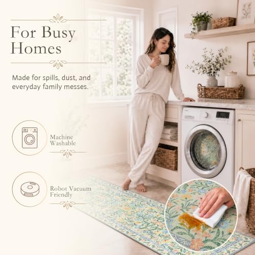 Wonnitar Machine Washable Area Rugs 9x12, Soft Sage Green Floral Rug - Image 4