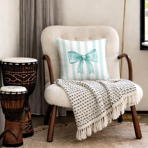 Aqua Bow Decorative Throw Pillow 18x18 Inch – Cute Blush Pink Striped Pillow - Image 4