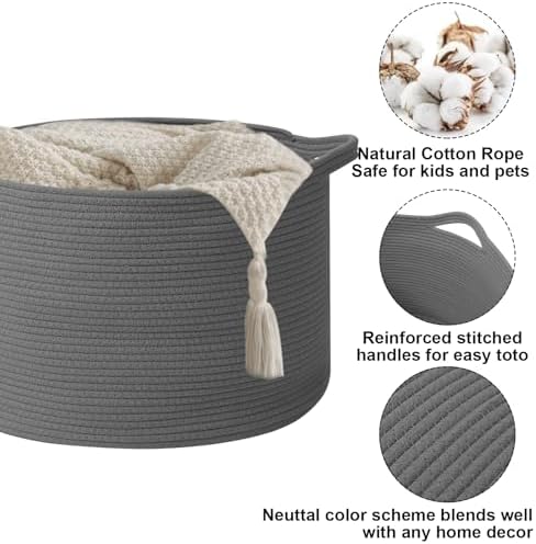 90L Extra Large Blanket Basket, Woven Rope Laundry Basket-Dark Grey - Image 3