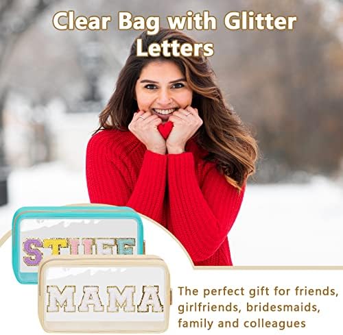Iqimott Clear Patch Makeup Bag Mama Pouch, Preppy Personalized Chenille Letter - Image 5