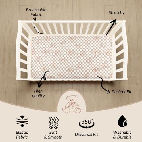 Fitted Baby Neutral Crib Sheets Bear and Buffalo Check Plaid Breathable Unisex - Image 6