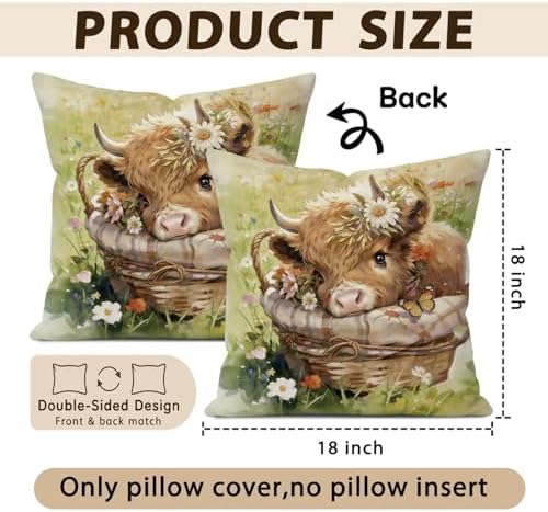 Cute Highland Cow Decor Pillow Covers 18x18 Set of 2 - Image 5