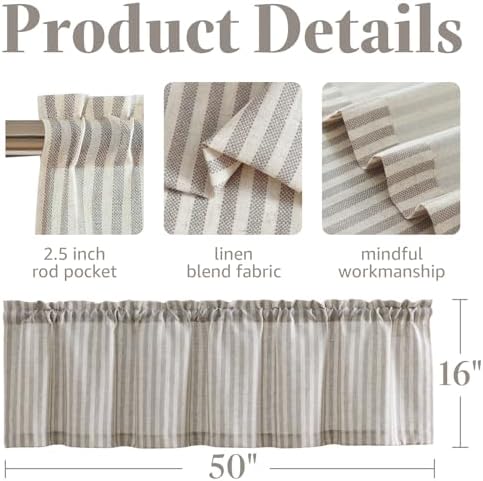 jinchan Linen Boxter Striped Kitchen Valances Taupe Grey 50 x 16 2 Panels - Image 4