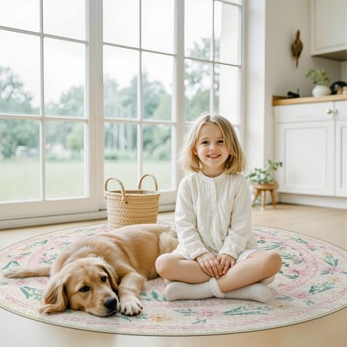 Pink Floral Round Rug 5ft, Washable Boho Circle Area Rug - Image 4